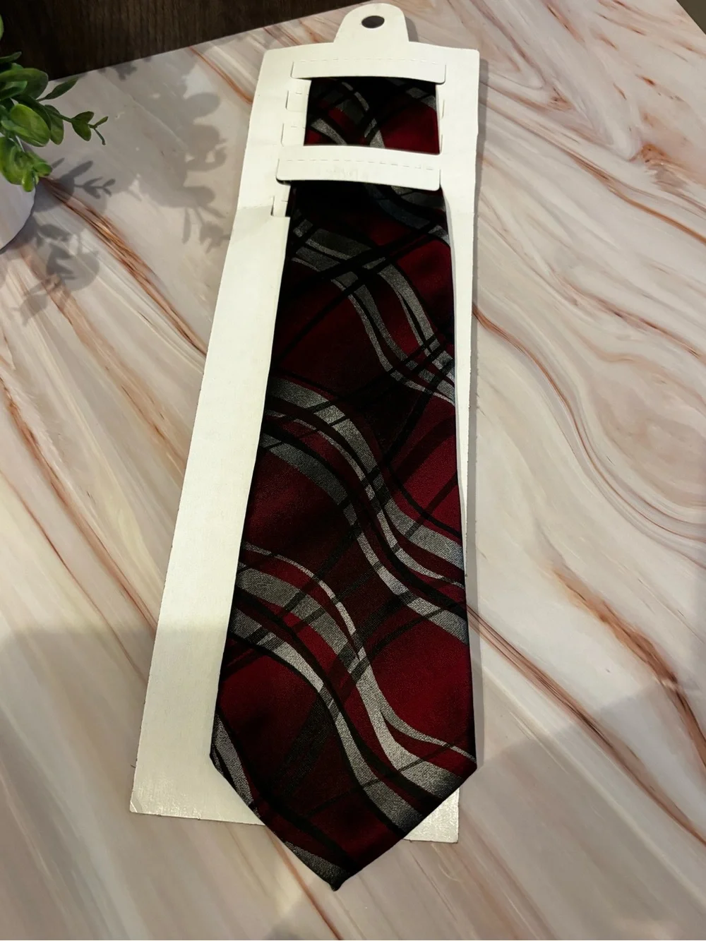 Pierre Cardin Maroon Tie with Silver and Black Wave Pattern